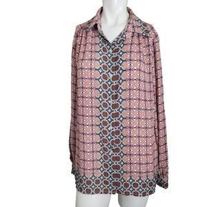 Max Studio XL blouse button front geometric patchwork collar flower